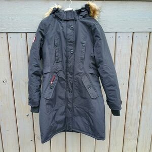 Canada Weather Gear Women's Long Black Hooded Parka Coat Sz. LG Faux Fur Trim